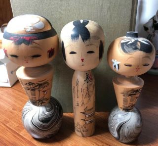 Vintage Set Of Three Kokeshi Japanese Wooden Dolls Mom Boy Girl