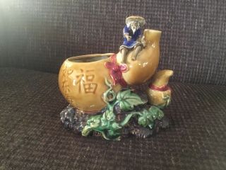 Vintage Chinese Fisher Mud Man On Gourd Figurine Planter Great Details