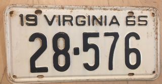 1965 Virginia Auto Passenger License Plate " 28 576 " Va 65 All Mustang