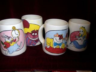 4 Ceramic Small Mugs Alice,  White Rabbit,  Tweedle Dee & Dum & Cheshire Cat 4 "