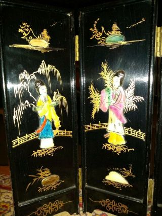 Vintage Black Lacquer Table Top Folding Screen Geisha Girl Gold Floral 14”T MOP 2