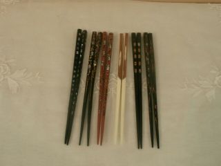 Vintage 6 Pairs Lacquered Chopsticks Black Brown White W/ Mother Of Pearl Inlay
