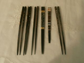 Vintage 6 Pairs Lacquered Chopsticks Black With Mother Of Pearl Inlay