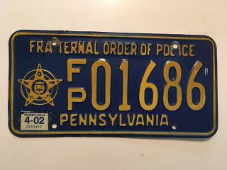 2002 Pennsylvania Fop License Plate Fraternal Order Of Police Rare Type Origina