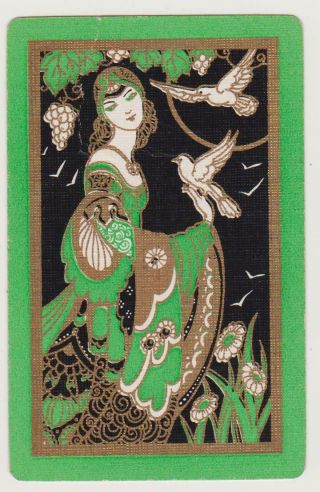 Swap/playing Card Olde Worlde Lady And Birds Vintage Linen X 1