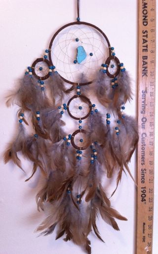 Cherokee Handmade Big Dream Catcher Turquoise Stone,  Leather Wood Beads Feathers