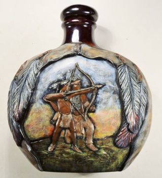 Glazed Ceramic Canteen With Scene Of Young Indian Brave - Signed T.  E.  1989