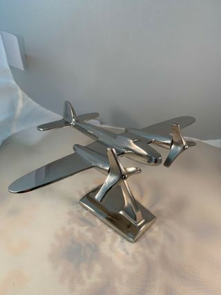 Vintage Chrome Aluminum Metal Plane Figurine On Stand Sculpture Industrial Style