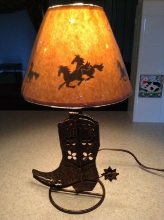 Vintage Cowboy Western Metal Boot Lamp & Horses/stars Silhouette Shade -