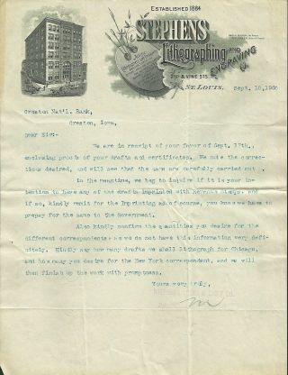 Vintage 1900 Letter Letterhead St Louis Stephen Lithographing Engraving Vignette