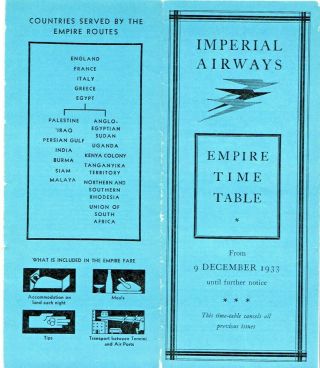 Imperial Airways Timetable Schedule 1933 United Kingdom India Eastern & Africa