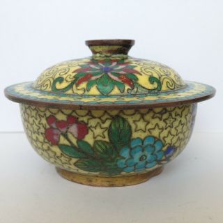 Vintage Antique Asian Chinese Cloisonne Enamel Lidded Bowl w Flowers ' CHINA ' 2