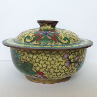 Vintage Antique Asian Chinese Cloisonne Enamel Lidded Bowl w Flowers ' CHINA ' 4