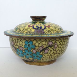 Vintage Antique Asian Chinese Cloisonne Enamel Lidded Bowl w Flowers ' CHINA ' 5