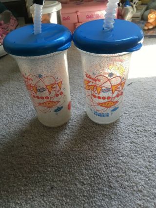 2 Disney Sci - Fi Dine - In Theater Restaurant Plastic Cups With Lids,  Straws