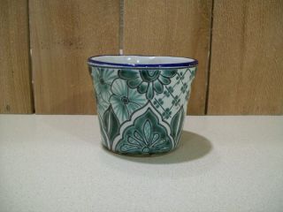 Vintage Talavera Style Pottery Flower Pot Planter Blue Green White 4 " Tall