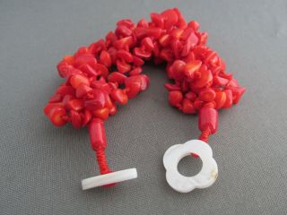 Vintage Hand Knotted Multi Strand Coral Mother Of Pearl Toggle Clasp Bracelet
