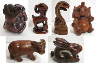 6 Carved Wooden Zodiac Animals - Ox Goat Monkey Snake Rabbit Elephant