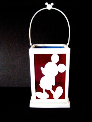 Disney Mickey Mouse Silhouette Colored Glass & White Metal Lantern Candle Holder