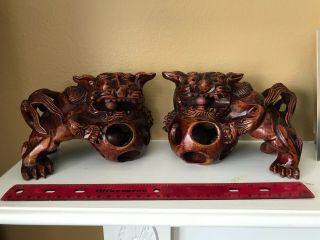 Pr.  Vtg Chinese Carved Wooden Foo Dogs/lions Loose Balls Carved In Mouths Globes