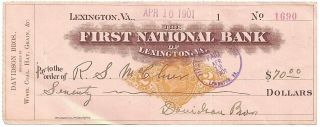 1901 Lexington,  Virginia First National Bank $70.  00 Check W 2¢ Revenue Stamp