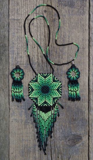Green Huichol Beaded Flower Necklace & Earring Set Mexican Folk Art Hippie Boho
