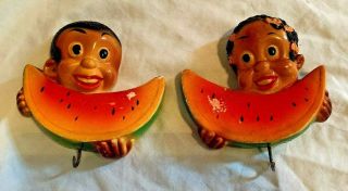 Black Americana Chalk Ware Vintage Boy Girl Child Eating Watermelon