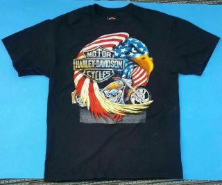 Harley Davidson 3d Emblem Motorcycle Biker T - Shirt Usa Eagle Flag Nashville Sz L