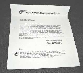 Vintage 1950s Pan American World Airways Letter About Travel Materials Sent