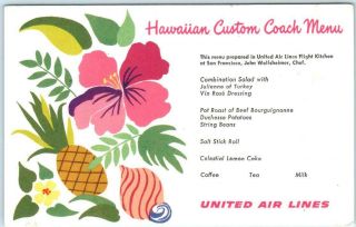 United Airlines Air Lines Hawaiian Custom Coach Menu Chef Wolfsheimer Postcard