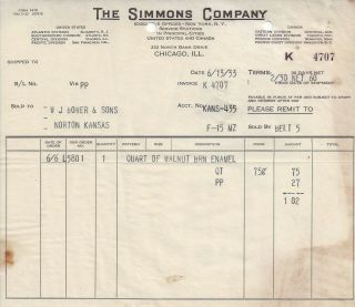6 - 13 - 33 The Simmons Company,  Chicago,  Ill.  Vintage Invoice