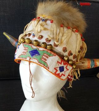 Fur Leather Beaded Native American Headdress Beadwork Mountain Vintage Hat