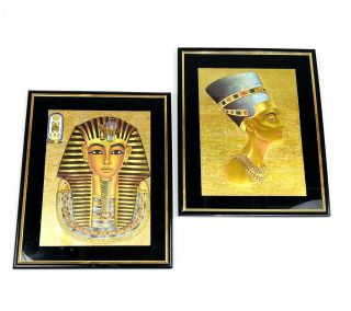 Set Of 2 Egyptian Revival Framed Print King Tut & Nefertiti Gold Leaf Background