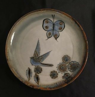 Ken Edwards Hand Painted Mexican Tonala Stoneware Dinner Plate Bird Butterfly