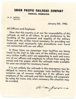 Union Pacific Rr Co " Letter To Employees At Beginning Of Ww2 1/5/1942 " 4 " X 5 "