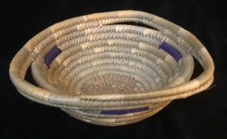 Vintage Charleston Sweetgrass Basket With 3 Handles And Purple Accents