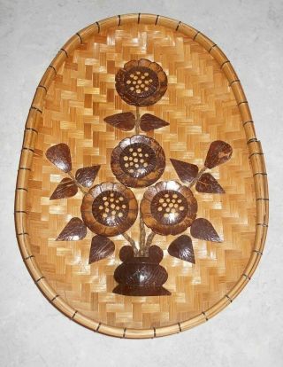 Vtg Floral Tiki Bar Carved Wood Basket Wall Decor Art 12 X 9 " Made N Philippines