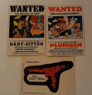 3 Vintage 1975 Topps Stixker Cards 1 Marvel Comic Hero,  2 Wanted Cards