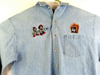 Vintage Disney Mickey Mouse Mens Denim Long Sleeve Firefighter Embroidered Shirt
