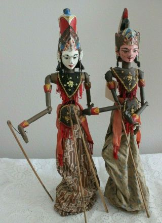 2 Vintage Indonesia Java Wayang Golek 24 " Wooden Rod / Stick Puppets