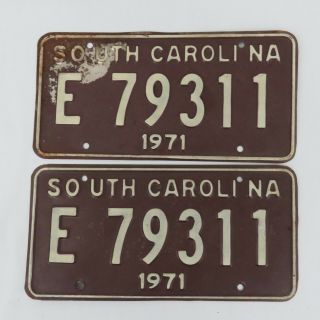 Vintage Pair 2 Matching 1971 South Carolina License Plates E 79311 Brown White