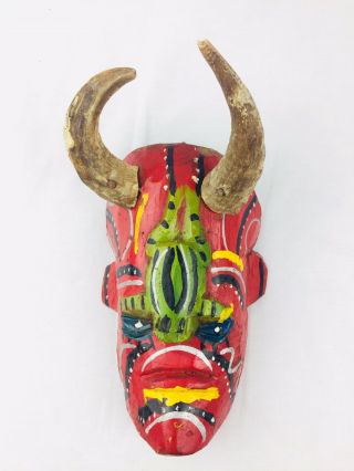 Vintage Mexican Or Guatemalan Festival Mask Wood Carved Folk Art W/ Real Horns