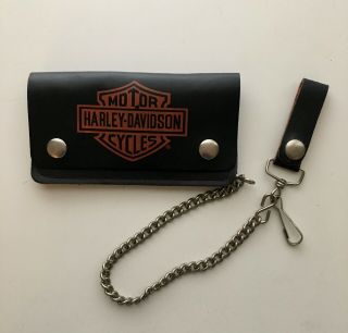Vintage Official Harley Davidson Motorcycles Leather Trifold Chain Wallet Usa