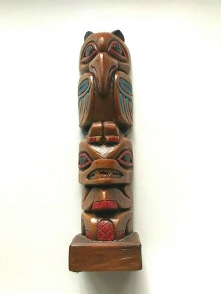 Vintage Hand Carved Wood Painted Totem Pole Made In Alaska Signed
