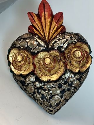 Milagros Flaming Sacred Heart For Healing,  Hand Carved Wood Plaque Mexico