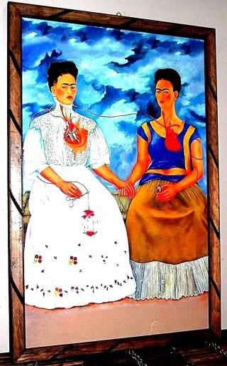 Art Framed Print/painting Mexico Wood Frida Kahlo " Las Dos Fridas " 35 " X 24 " Huge