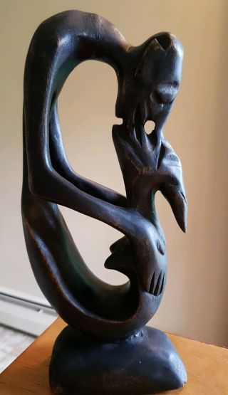 Vintage Hand Carved Wooden African Tribal Statue Lovers Kissing