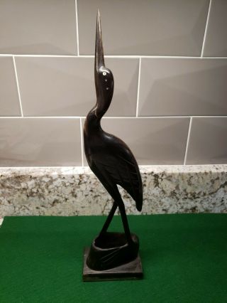 African Art Hand Carved Water Buffalo Horn Egret/heron/crane Bird On Wood Base