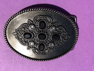 Vintage? Western Dress Belt Buckle With Black Stones Flower Design