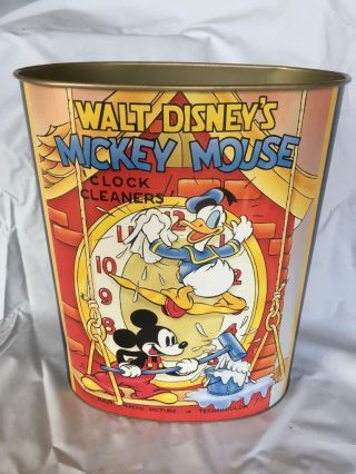 Disney World Mickey Mouse Clock Cleaners Metal Trash Can Donald Duck 13 "
